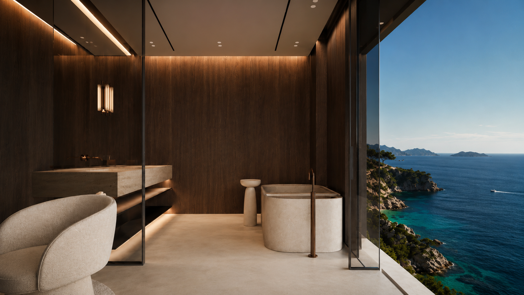 Salle de bain en noyer ouverte sur la mer
